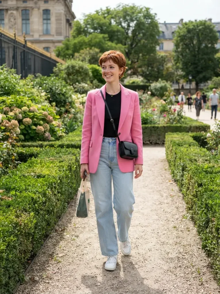 Pink Blazer Black Tee and Wide Leg Jeans