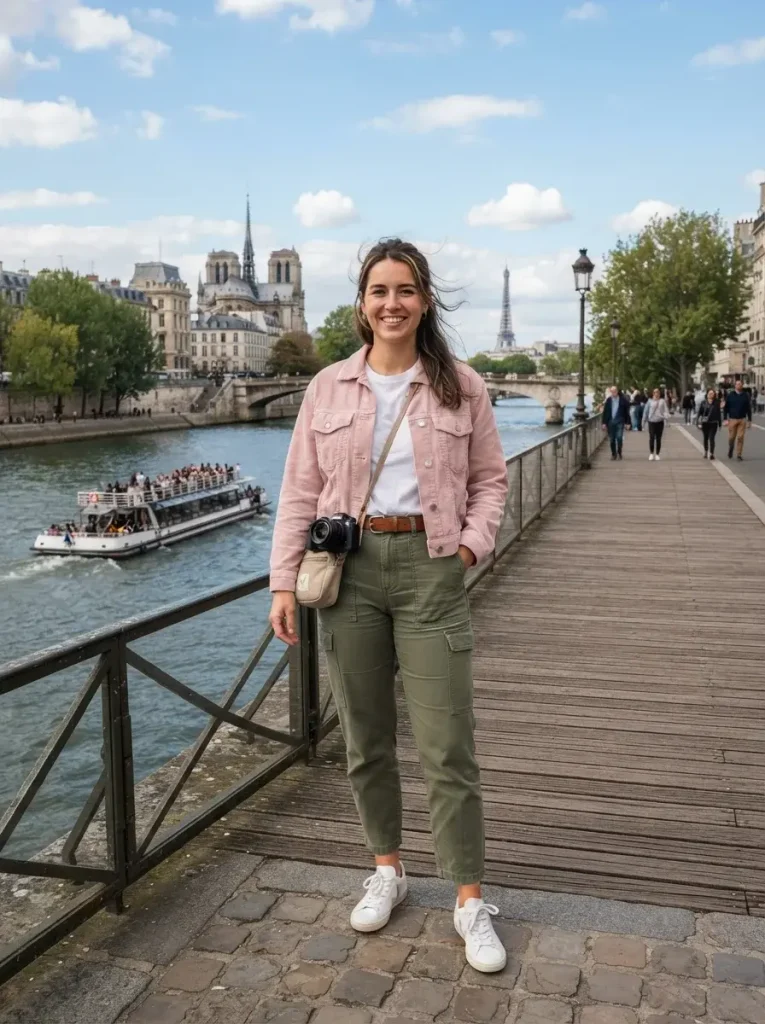 Pink Corduroy Jacket White Tee and Olive Pants
