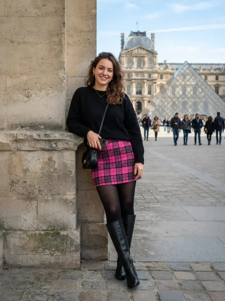 Pink Plaid Skirt Black Sweater and Knee High Boots