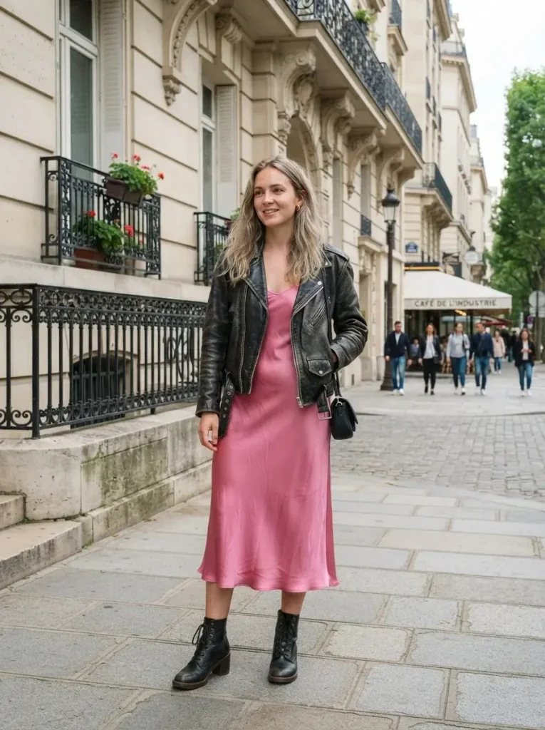Pink Satin Slip Dress Leather Jacket and Boots