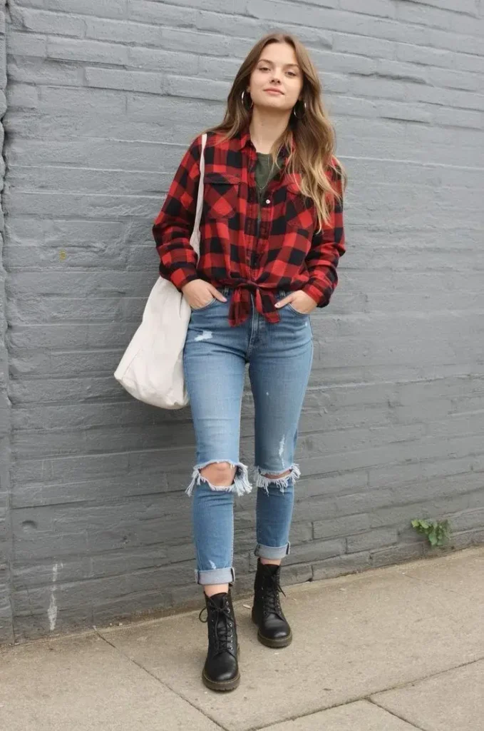 17 Fall Outfits Grunge That Look Edgy & Stylish 1 Plaid Shirt With Ripped Jeans And Combat Boots