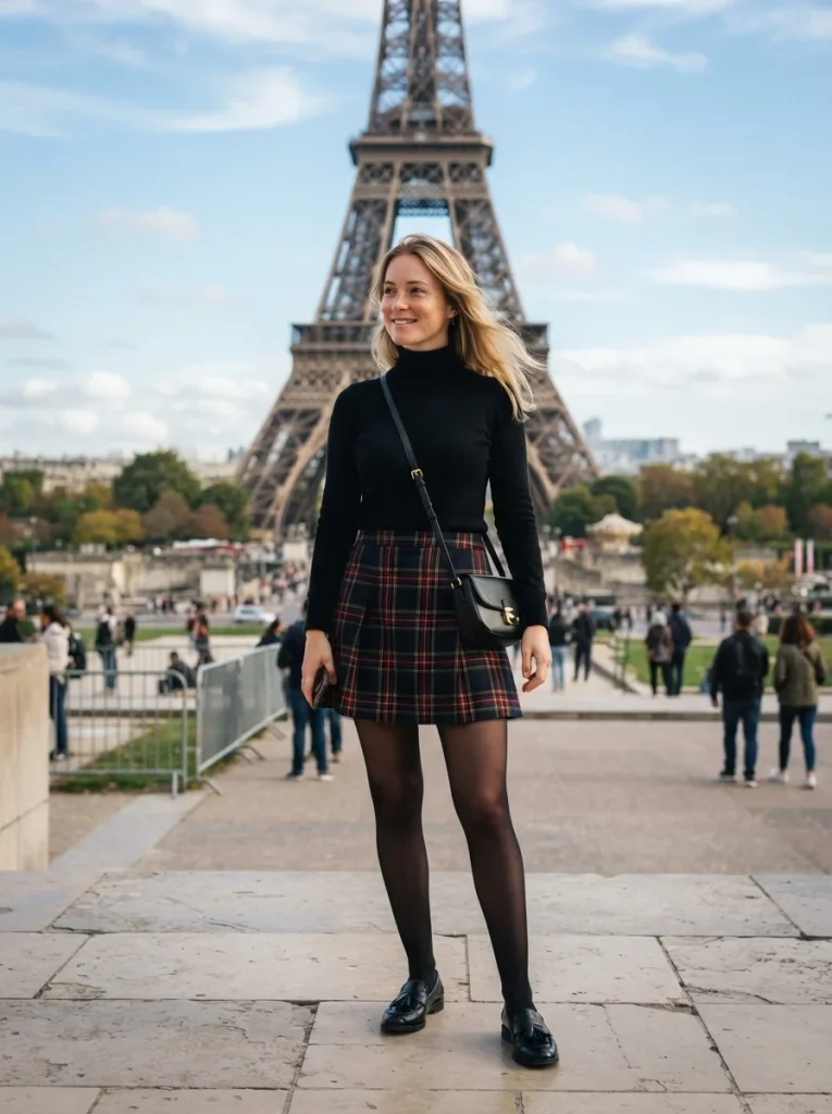 15 Fall Outfits With Tights That Keep You Warm and Stylish 9 Plaid Skirt Fitted Sweater Black Tights and Loafers