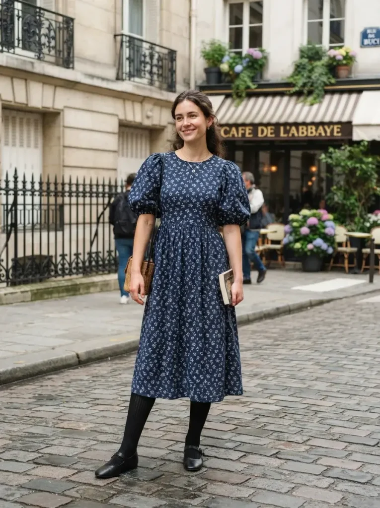 15 Fall Outfits With Tights That Keep You Warm and Stylish 14 Puff Sleeve Dress Ribbed Tights and Mary Janes