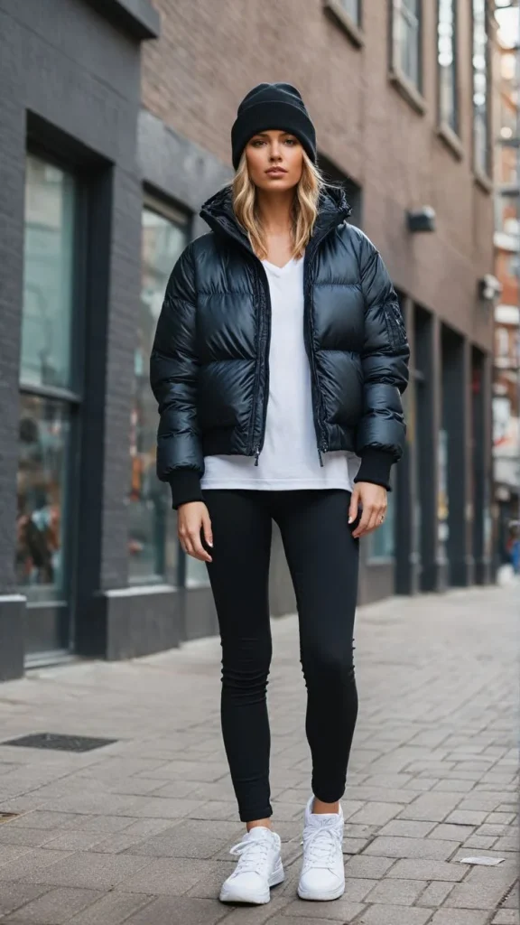 16 Fall Outfits With Jackets That Look Stylish & Trendy 7 Puffer Jacket With Leggings And Sneakers