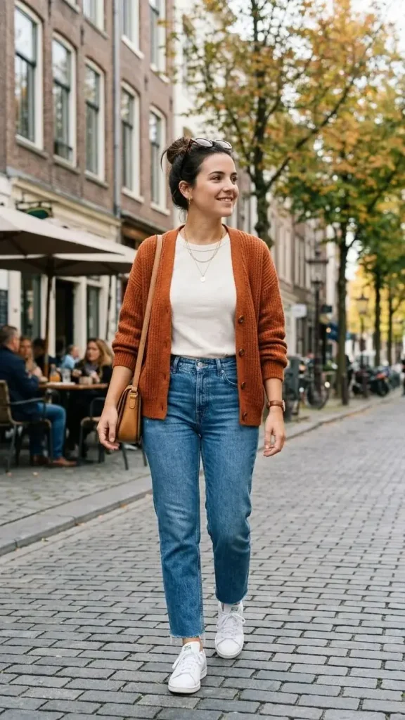 15 Fall Outfits With Cardigans That Look Cozy & Stylish 12 Rust Orange Cardigan With Jeans