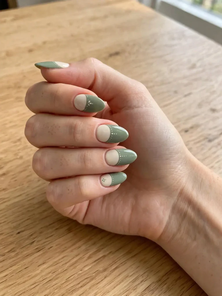 14 Fall Nails With Designs, One for Every Week of the Season 3 Sage and Cream Half Moons 768x1024 1