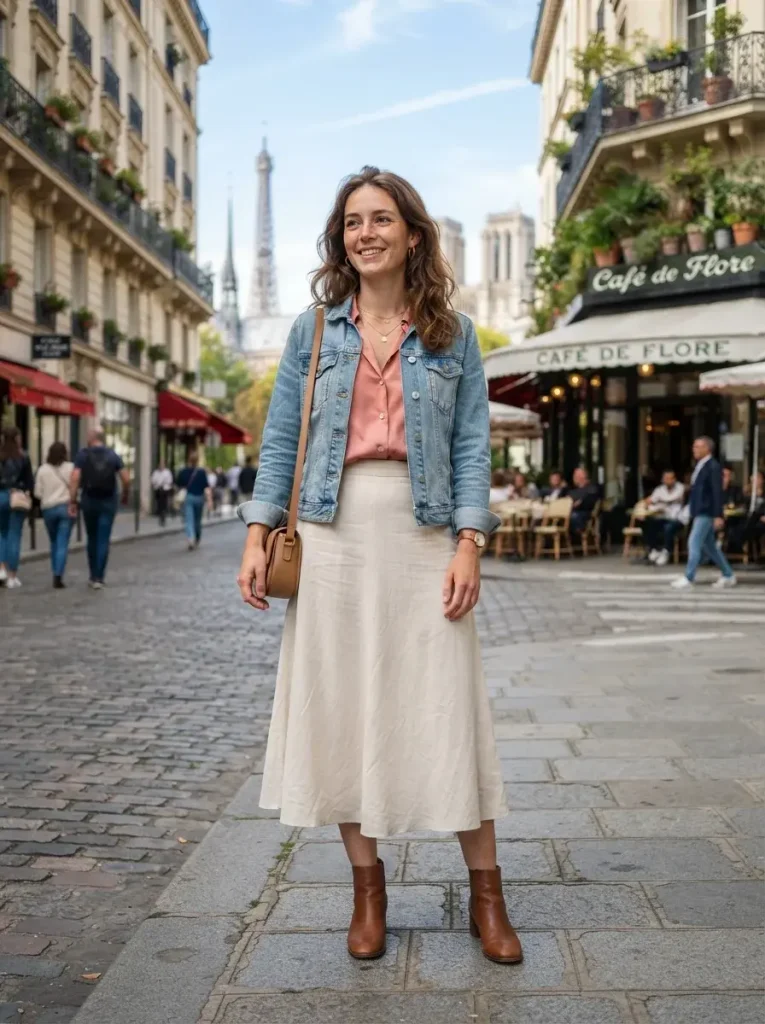 Salmon Blouse Denim Jacket and Cream Skirt