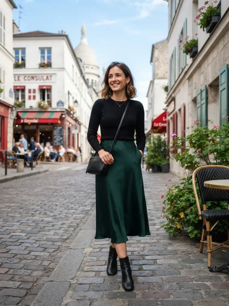 16 Fall Dinner Outfits That Look Effortless (Even When You Tried Really Hard) 2 Satin Midi Skirt Fitted Knit Top and Heeled Ankle Boots