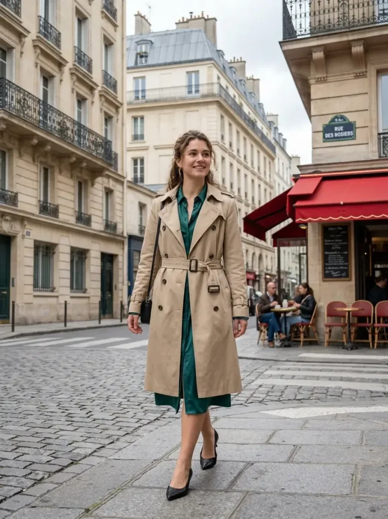 16 Fall Dinner Outfits That Look Effortless (Even When You Tried Really Hard) 12 Satin Shirt Dress and Trench Coat with Kitten Heels