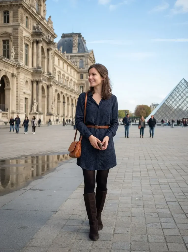 15 Fall Outfits With Tights That Keep You Warm and Stylish 8 Shirt Dress Belt Tights and Knee High Boots