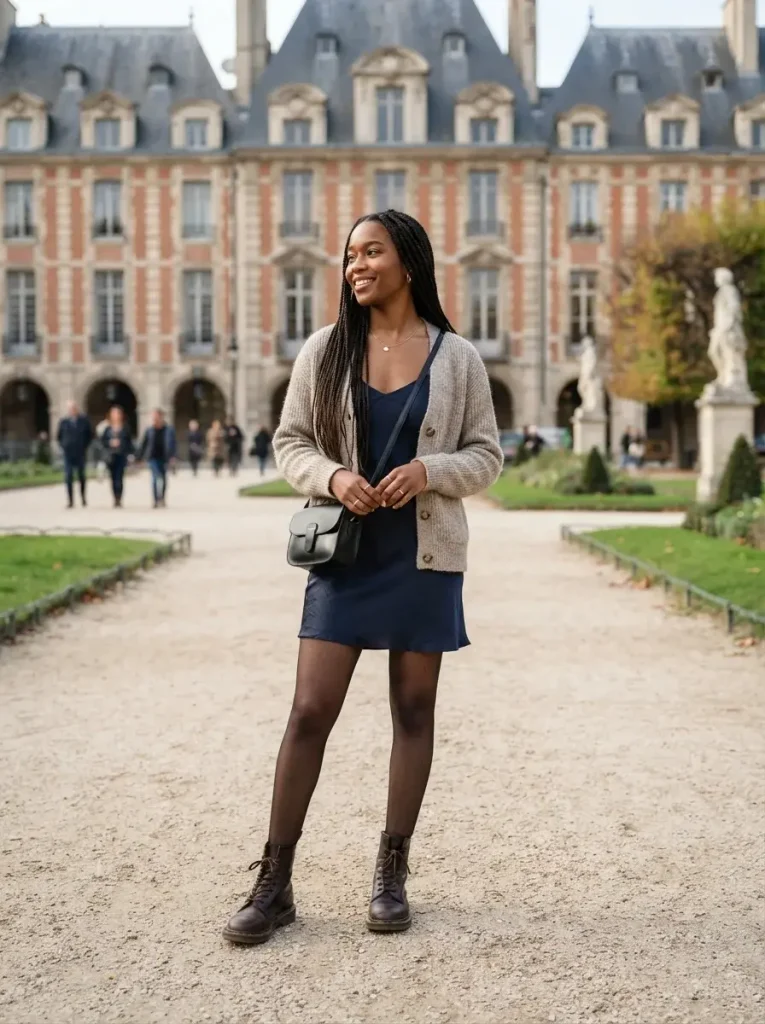 15 Fall Outfits With Tights That Keep You Warm and Stylish 4 Slip Dress Cardigan Sheer Tights and Boots
