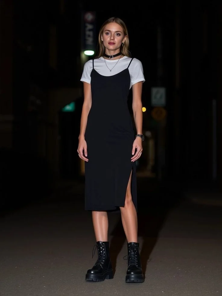 17 Fall Outfits Grunge That Look Edgy & Stylish 6 Slip Dress With Combat Boots