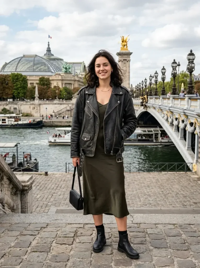 16 Fall Dinner Outfits That Look Effortless (Even When You Tried Really Hard) 8 Slip Dress with an Oversized Leather Jacket