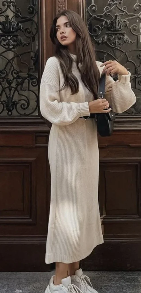 17 Fall Outfits With Sneakers That Look Stylish & Comfortable 3 Sweater Dress With White Platform Sneakers