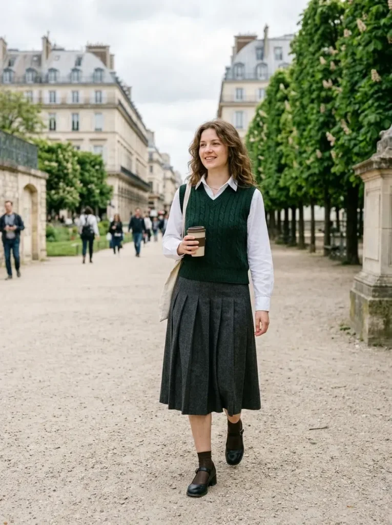 16 Fall Dinner Outfits That Look Effortless (Even When You Tried Really Hard) 13 Sweater Vest Pleated Midi Skirt and Mary Janes