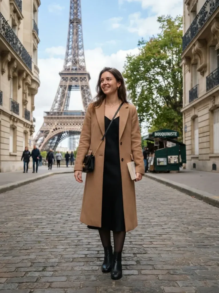 16 Fall Dinner Outfits That Look Effortless (Even When You Tried Really Hard) 3 The Little Black Dress with a Long Camel Coat