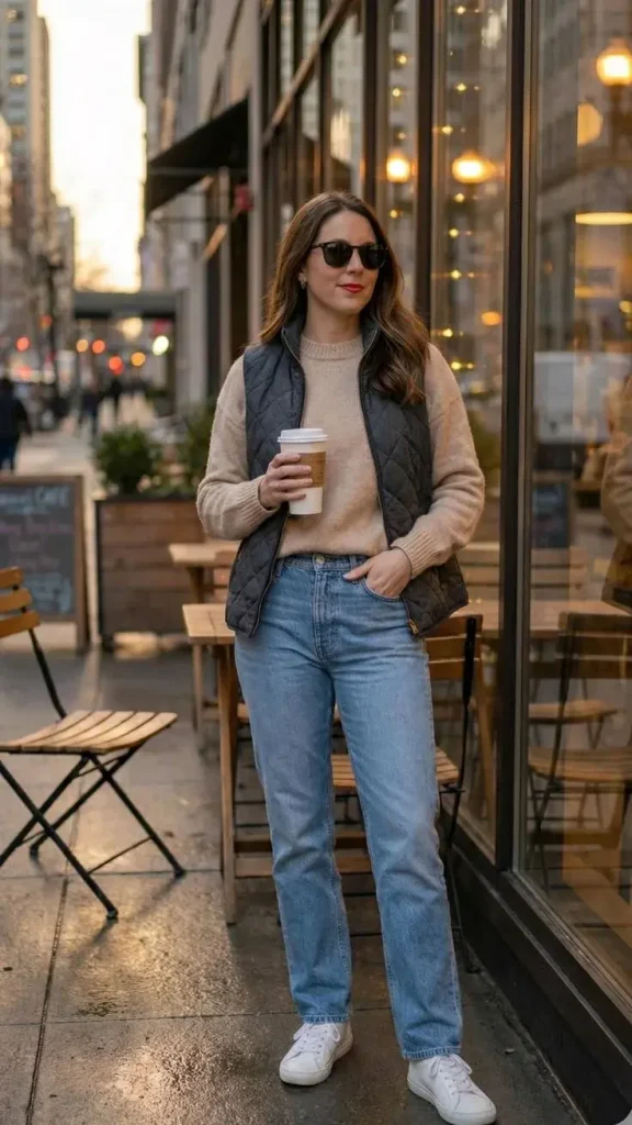 16 Fall Outfits With Jackets That Look Stylish & Trendy 12 Travel Friendly Jacket With Sweater And Sneakers