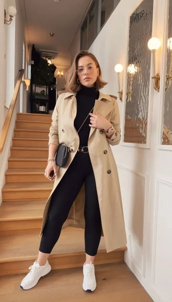 17 Fall Outfits With Sneakers That Look Stylish & Comfortable 14 Trench Coat With Leggings And Platform Sneakers