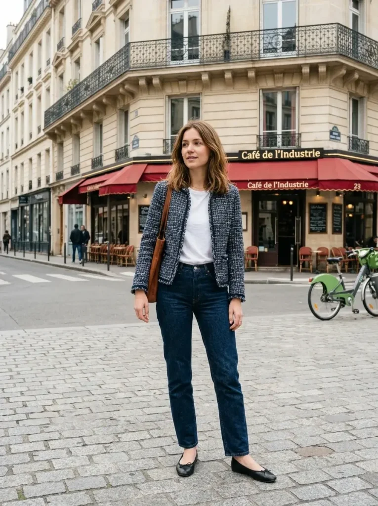 16 Fall Dinner Outfits That Look Effortless (Even When You Tried Really Hard) 10 Tweed Jacket Dark Jeans and Ballet Flats