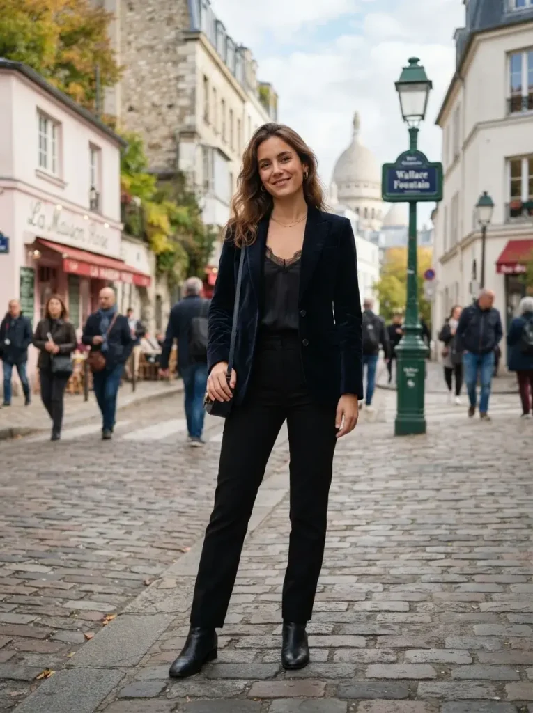 16 Fall Dinner Outfits That Look Effortless (Even When You Tried Really Hard) 4 Velvet Blazer Silk Camisole and Straight Leg Trousers
