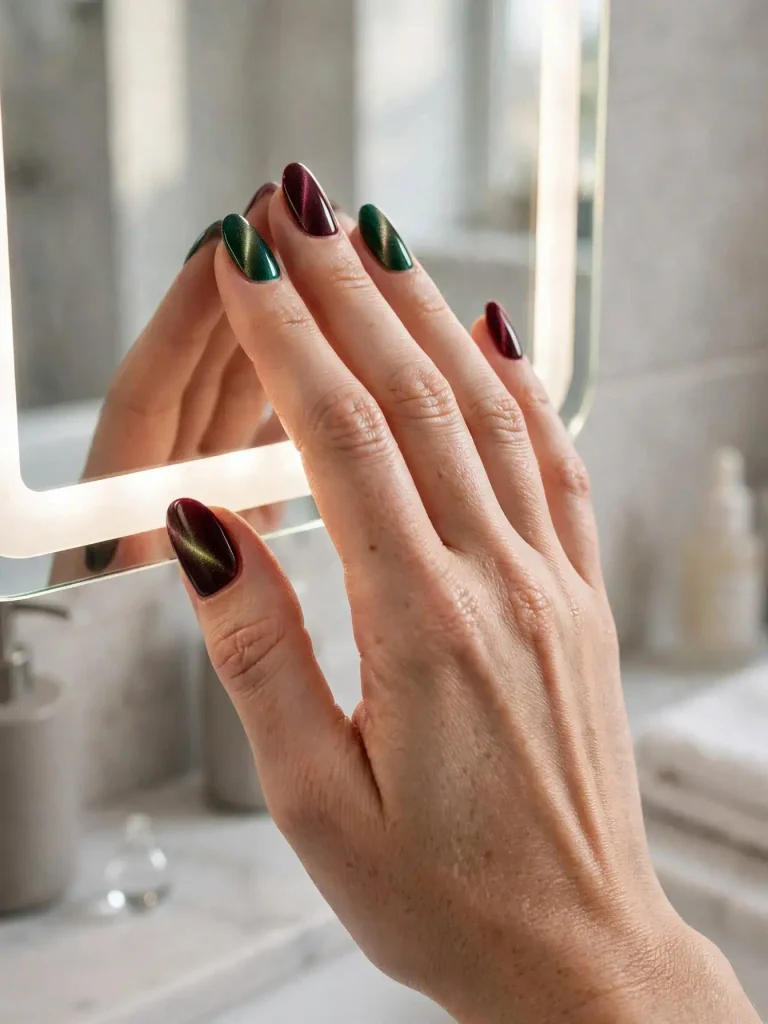 18 Fall Nail Inspiration Ideas, Served Like a Cozy Café Menu (Plus a Month-by-Month Color Calendar) 15 Velvet Cat Eye in Emerald or Burgundy 768x1024 1