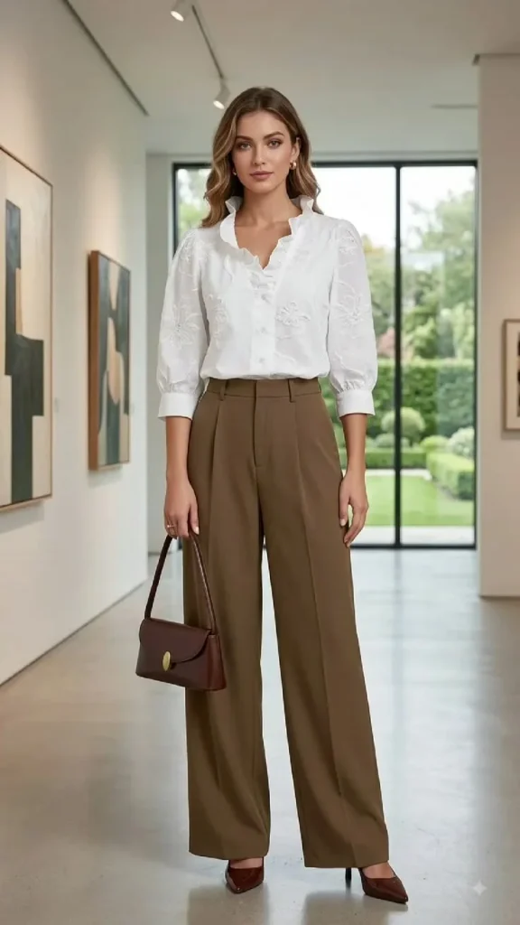16 Fall Outfits Church That Look Elegant & Stylish 13 White Blouse With Brown Wide Leg Pants