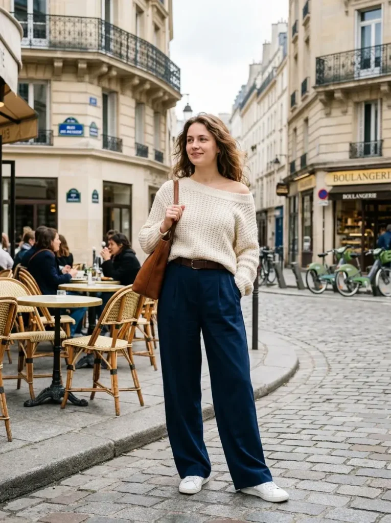 16 Fall Dinner Outfits That Look Effortless (Even When You Tried Really Hard) 9 Wide Leg Trousers and an Off Shoulder Sweater