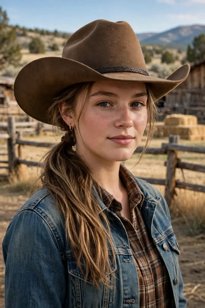 17 Cowgirl Hairstyles Ideas, Planned Around a Full Day at the Ranch, the Rodeo, and the Dance Hall 1 cowgirl 01 low ponytail under brim
