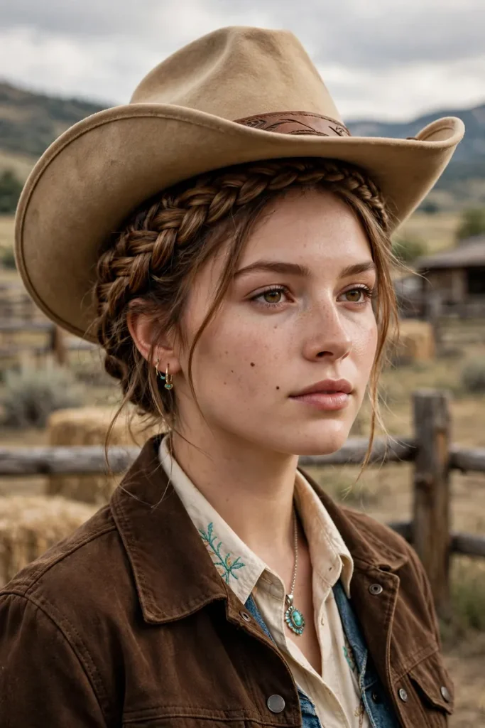 17 Cowgirl Hairstyles Ideas, Planned Around a Full Day at the Ranch, the Rodeo, and the Dance Hall 9 cowgirl 09 crown braid with hat