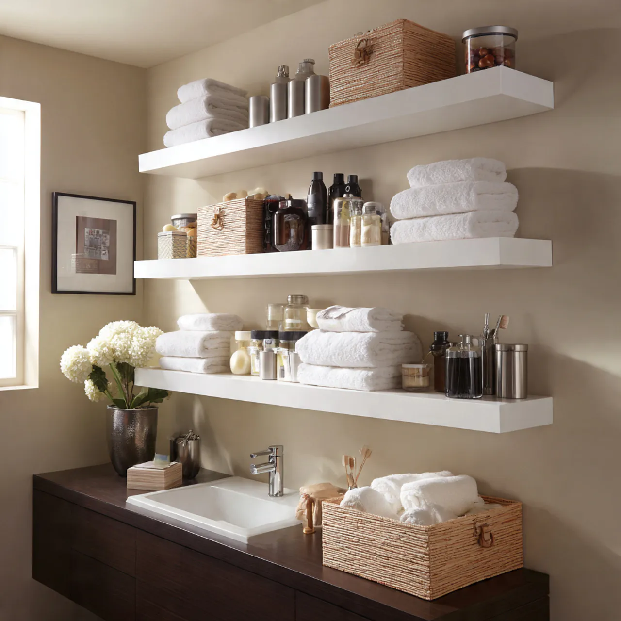 13 Bathroom Storage Ideas for Small Spaces That Make Bathrooms Look Twice as Big 3 Floating Wall Shelves
