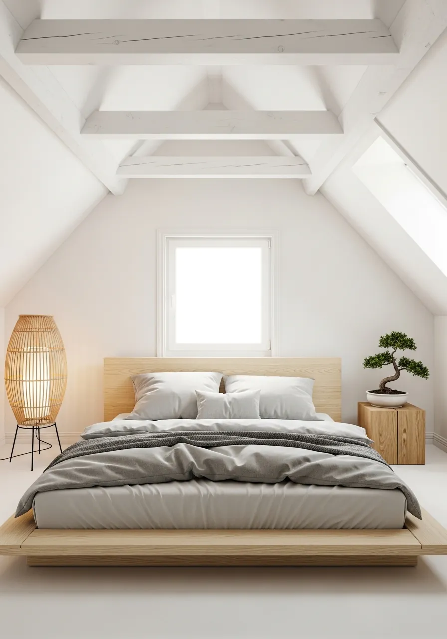 13 Attic Bedroom Ideas 2026 That Will Make You Fall in Love with Your Rooftop Space 6 Japandi Minimalist Attic Bedroom