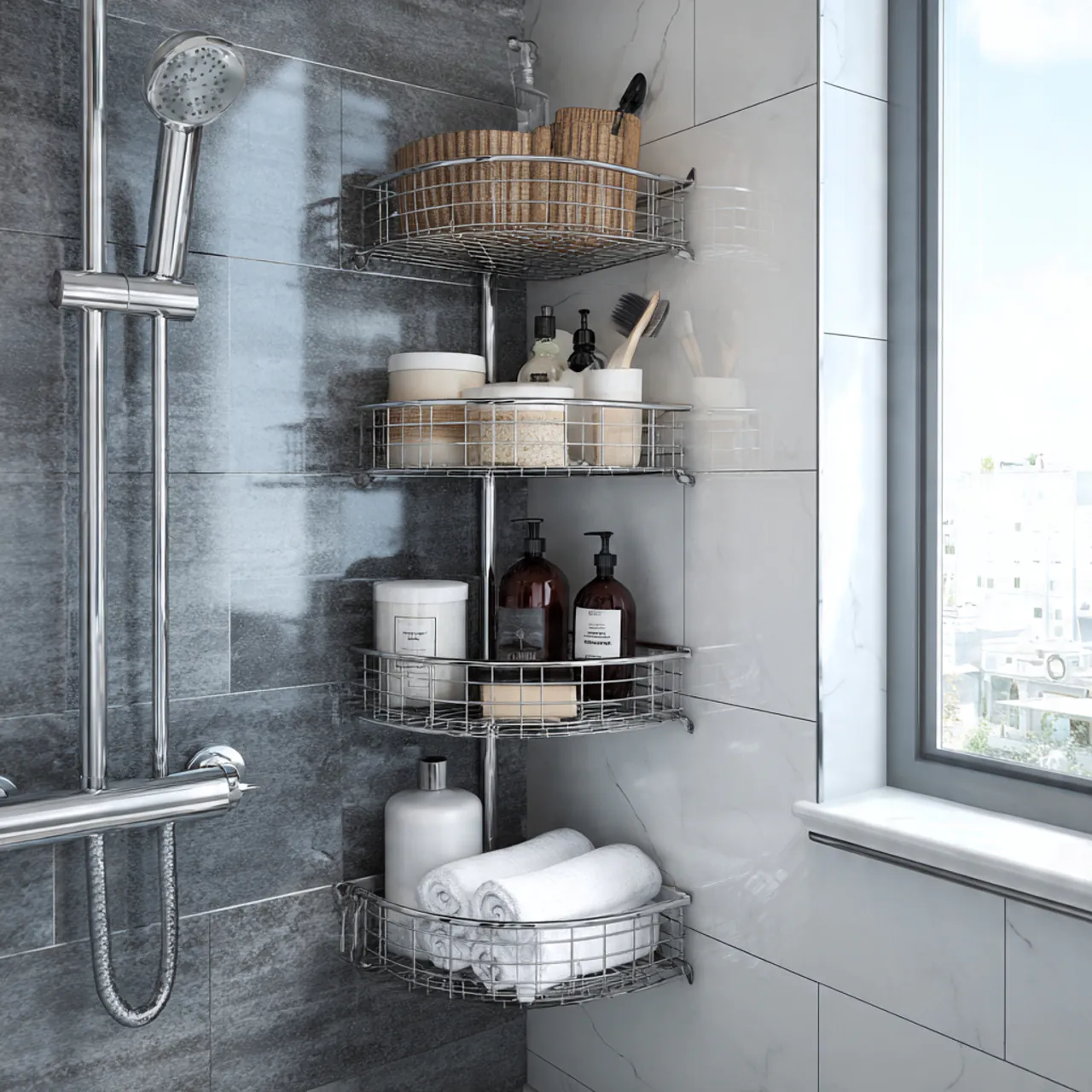 13 Bathroom Storage Ideas for Small Spaces That Make Bathrooms Look Twice as Big 4 Shower Caddy or Corner Shower Organizer
