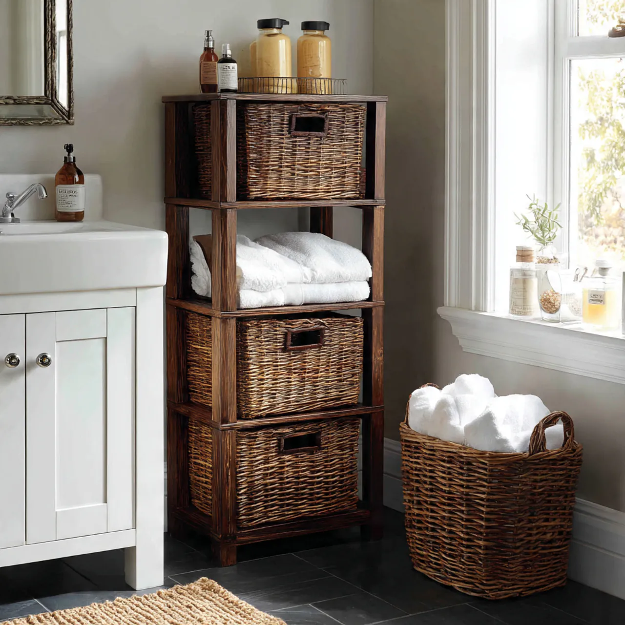 13 Bathroom Storage Ideas for Small Spaces That Make Bathrooms Look Twice as Big 11 Wicker or Wire Baskets for Categorizing