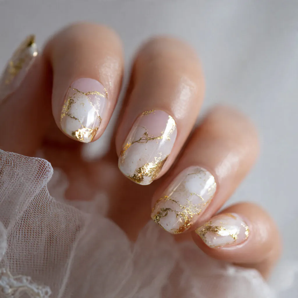 14 Korean Nail Art Ideas: The Cutest, Glossiest Designs You’ll Want Immediately 13 gold foil minimalism nails for korean nail art