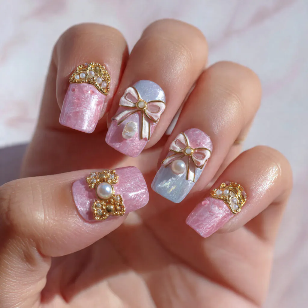 14 Korean Nail Art Ideas: The Cutest, Glossiest Designs You’ll Want Immediately 9 pearl ribbon nails for korean nail art