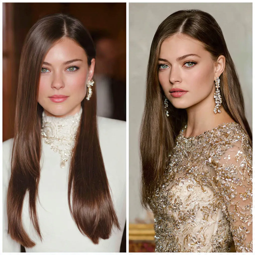 13 Wedding Guest Hairstyles That Look Expensive, Stay Put, and Photograph Like a Dream 12 straight and glassy with a middle part for wedding