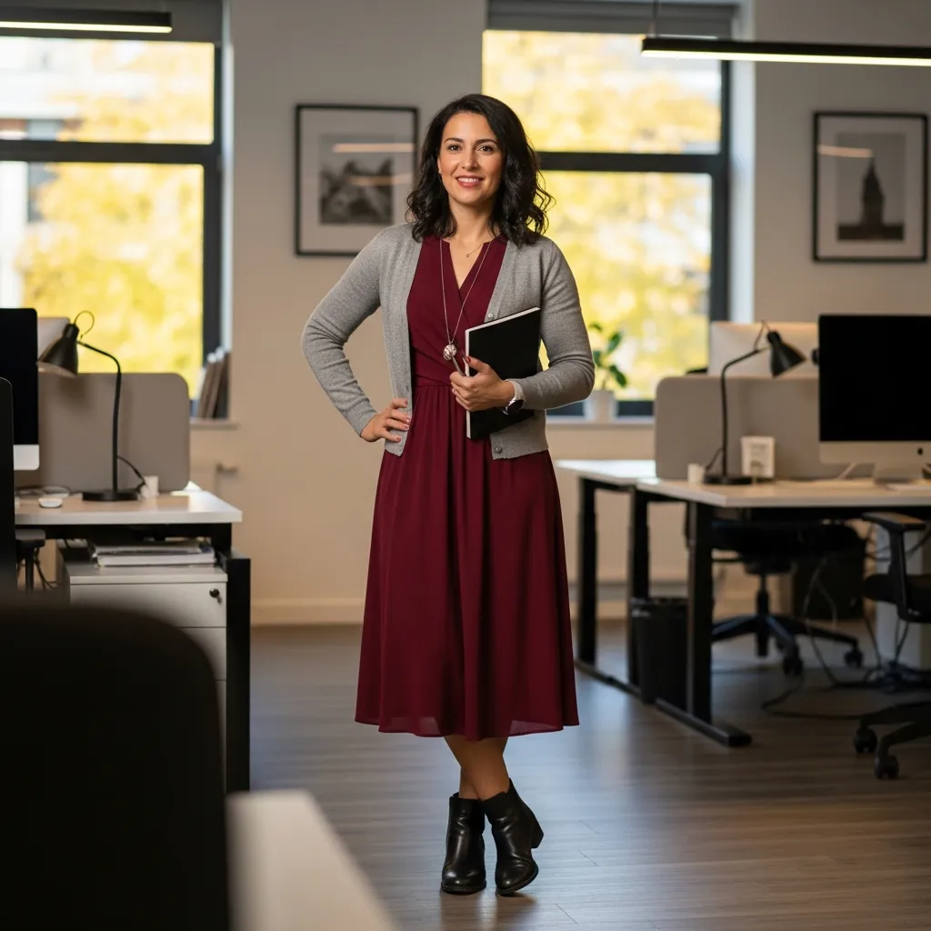 17 Business Casual Outfits Ideas 2026: Fresh Looks That Actually Work 8 Cardigan with Dress and Ankle Boots