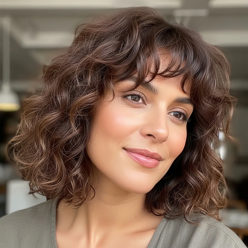 15 Curly Hairstyles with Bangs That Will Instantly Upgrade Your Look (Yes, Even on Bad Hair Days) 12 Curly Lob with Curtain Fringe