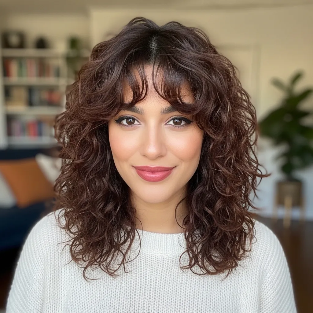 15 Curly Hairstyles with Bangs That Will Instantly Upgrade Your Look (Yes, Even on Bad Hair Days) 2 Curly Shag with Curtain Bangs