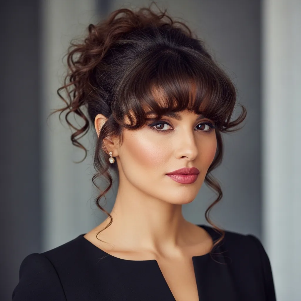 15 Curly Hairstyles with Bangs That Will Instantly Upgrade Your Look (Yes, Even on Bad Hair Days) 16 Curly Updo with Statement Bangs