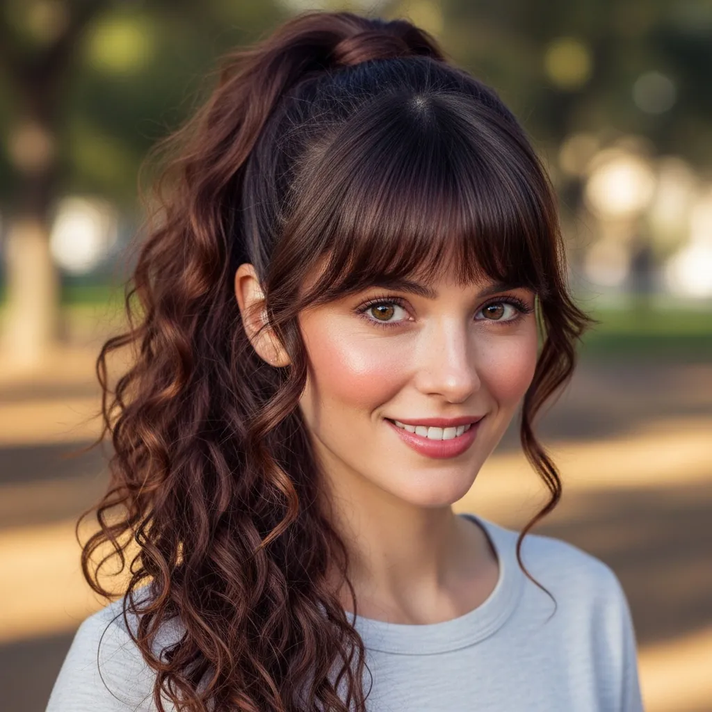 15 Curly Hairstyles with Bangs That Will Instantly Upgrade Your Look (Yes, Even on Bad Hair Days) 13 High Ponytail with Curly Bangs