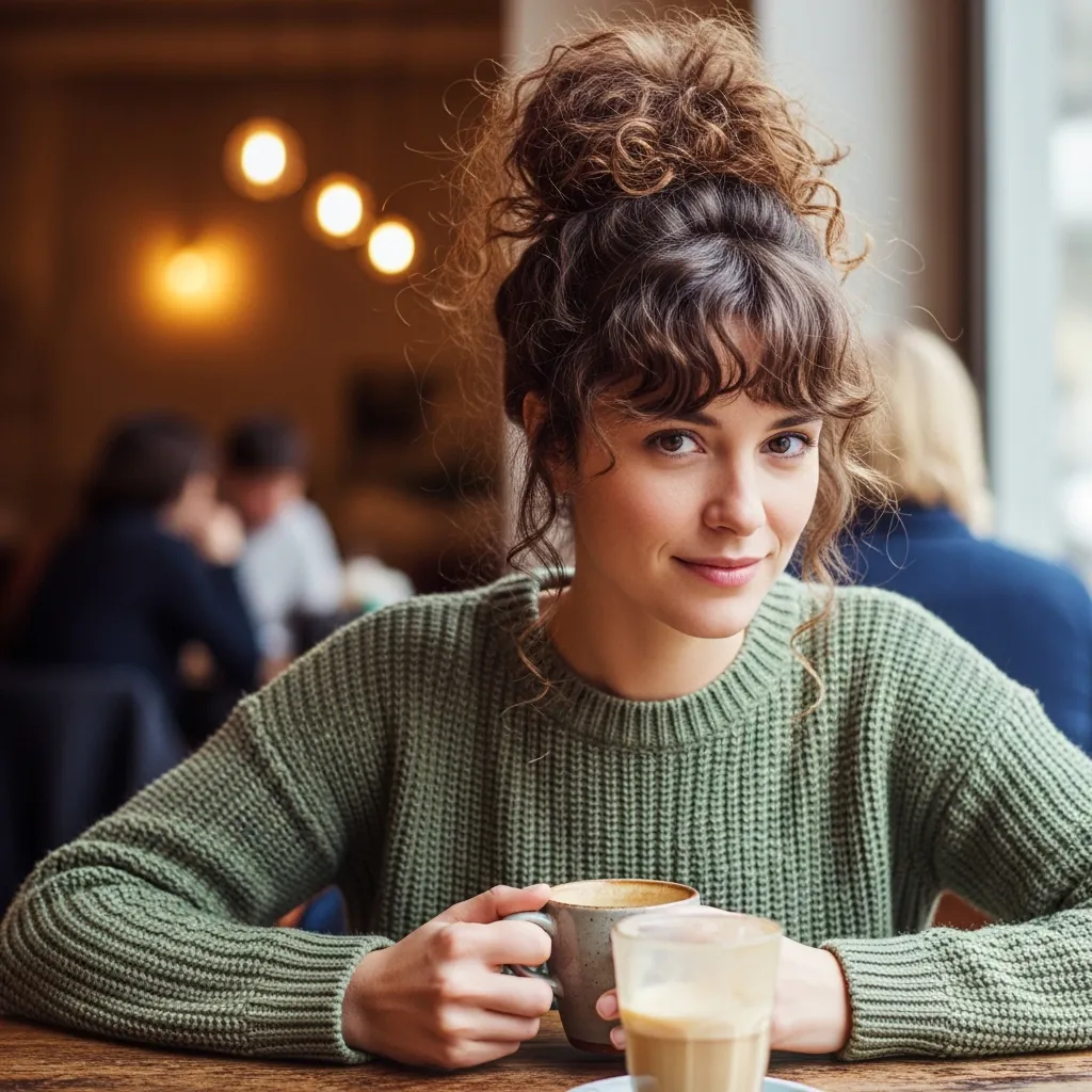 15 Curly Hairstyles with Bangs That Will Instantly Upgrade Your Look (Yes, Even on Bad Hair Days) 7 Messy Curly Bun with Loose Bangs