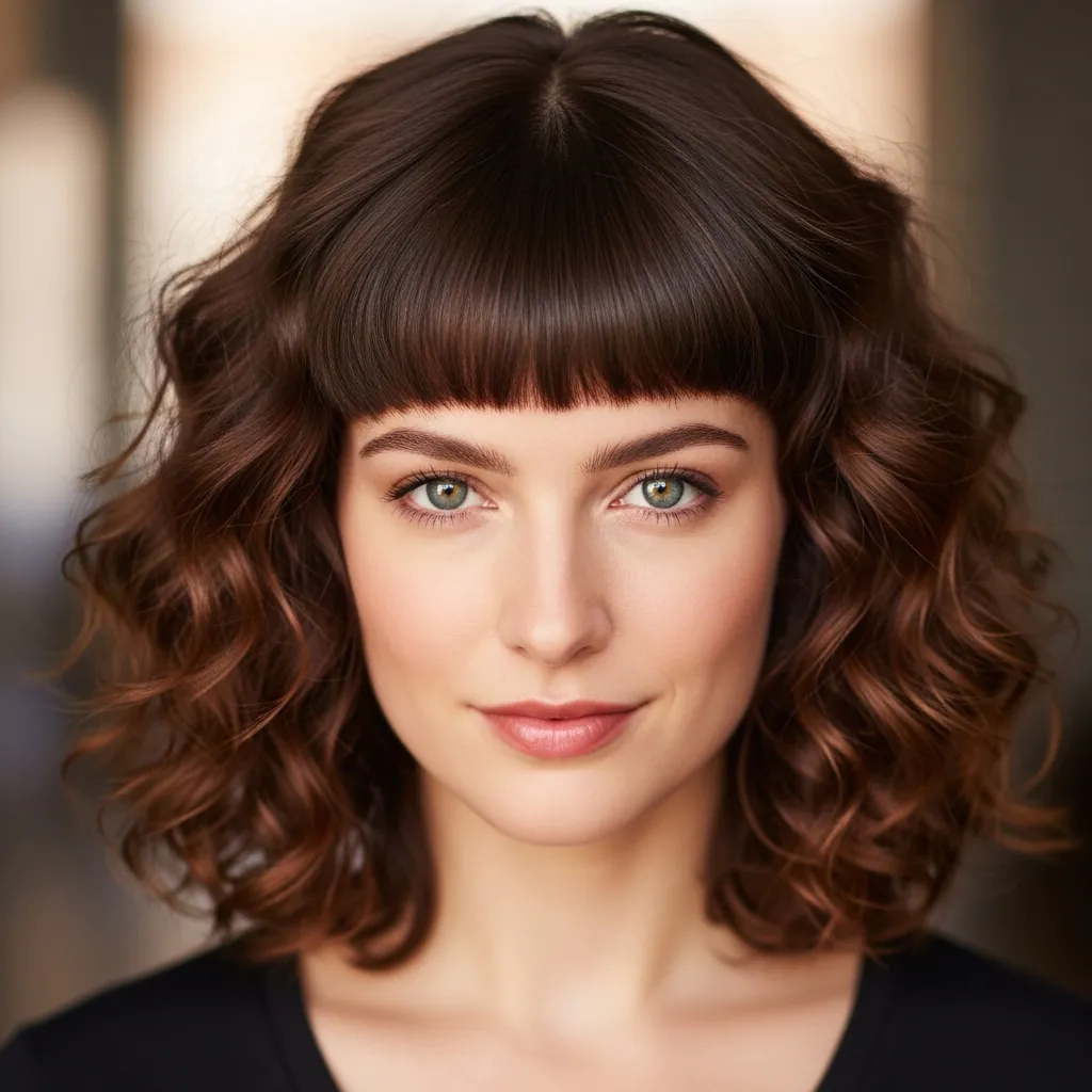 15 Curly Hairstyles with Bangs That Will Instantly Upgrade Your Look (Yes, Even on Bad Hair Days) 9 Mid-Length Curls with Blunt Bangs