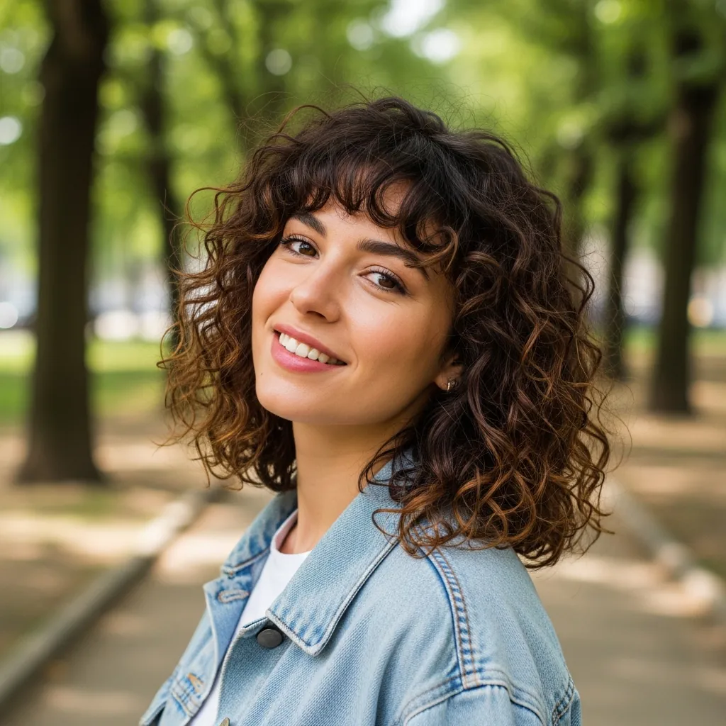 15 Curly Hairstyles with Bangs That Will Instantly Upgrade Your Look (Yes, Even on Bad Hair Days) 4 Shoulder-Length Curls with Wispy Bangs