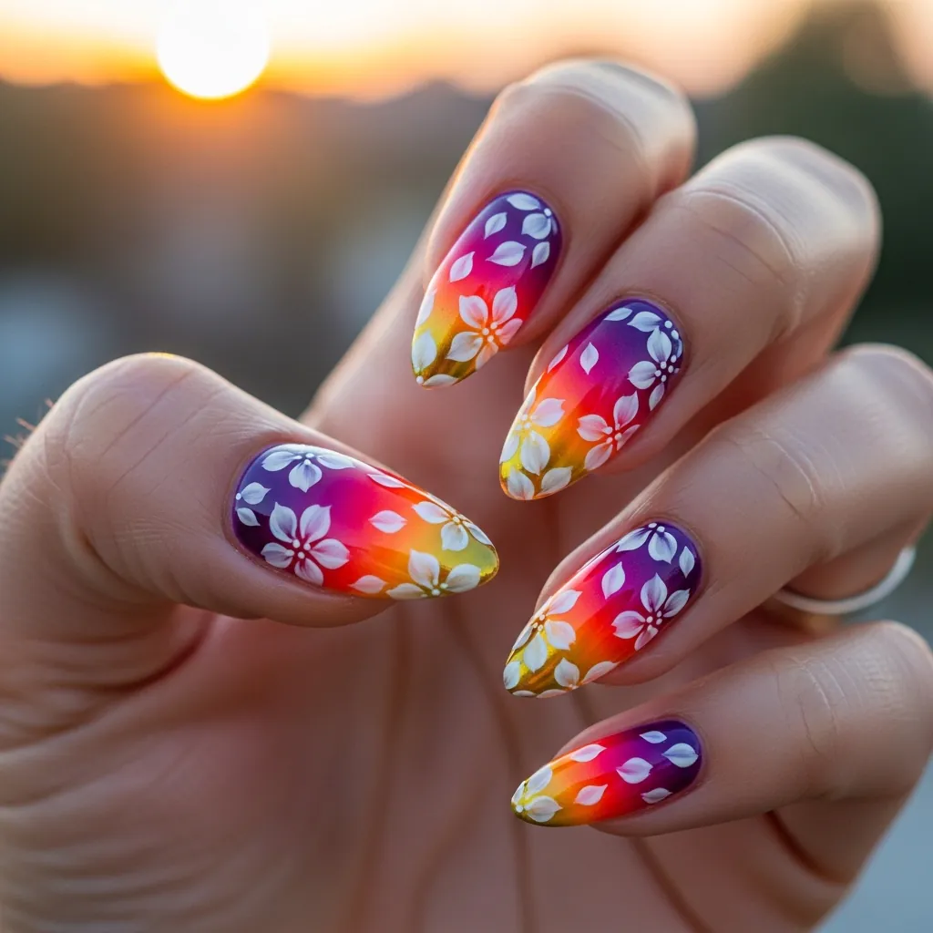 16 Summer Blooming Gel Nail Ideas That Are Basically Sunshine in Manicure Form 2 Sunset Ombre Bloom