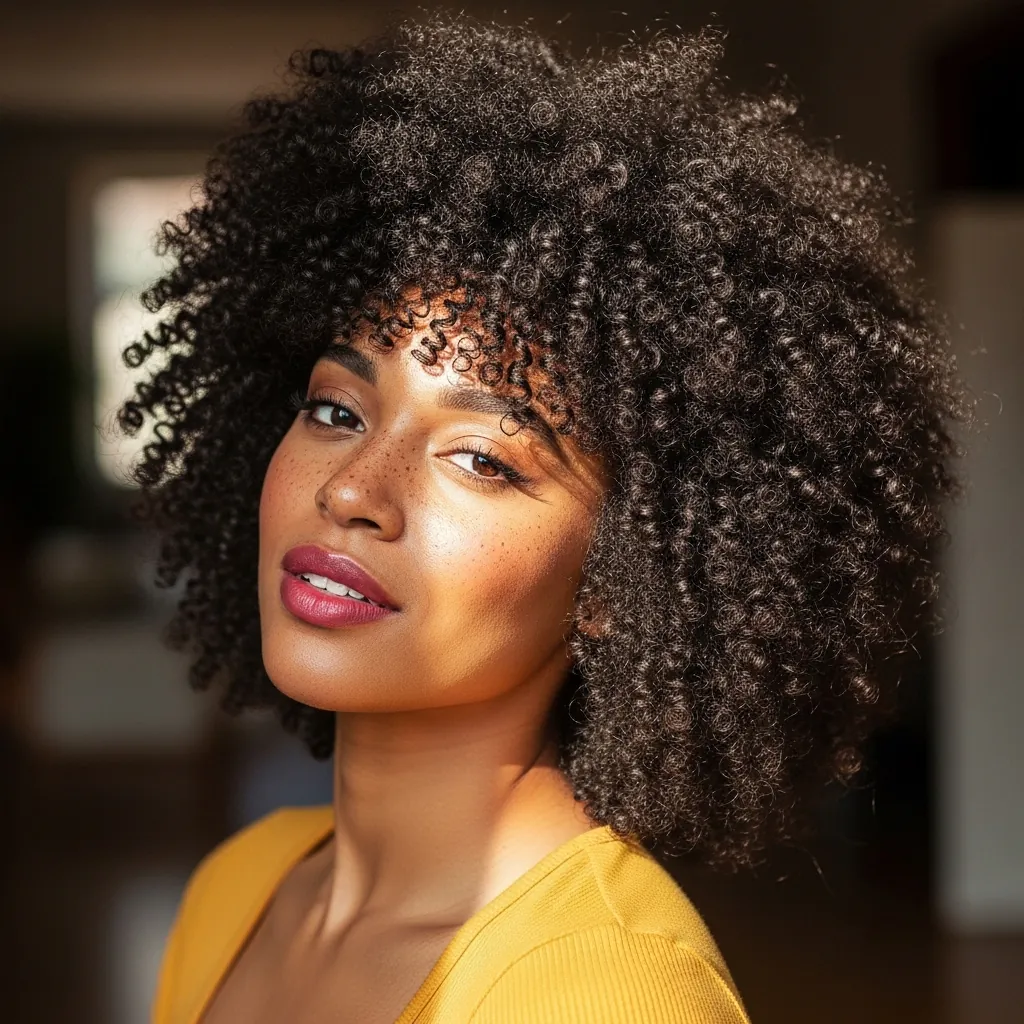 15 Curly Hairstyles with Bangs That Will Instantly Upgrade Your Look (Yes, Even on Bad Hair Days) 3 Voluminous Afro with Rounded Bangs