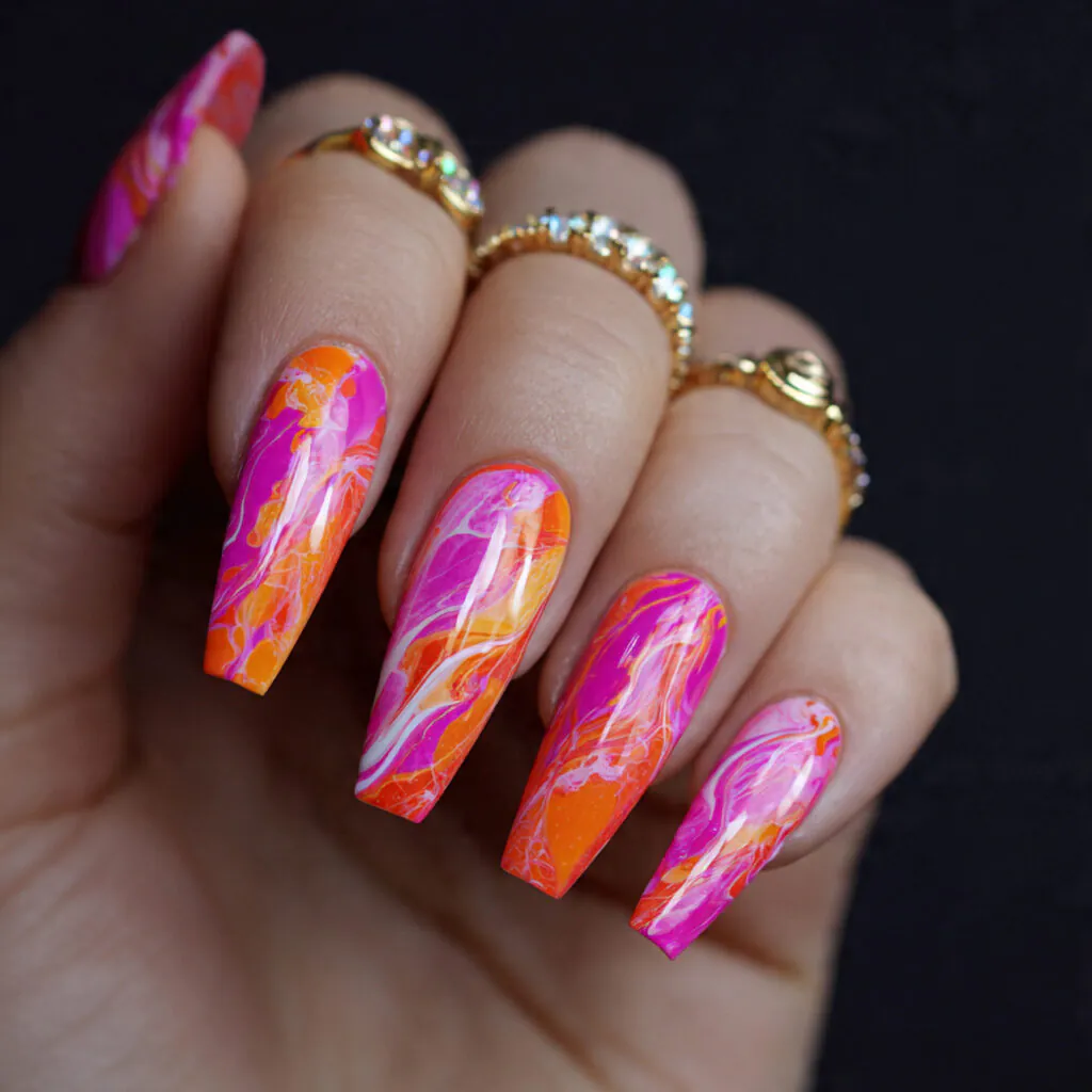 14 Summer Nails Pink and Orange Ideas That Are Literally Too Cute to Ignore 11 abstract pink orange art nails