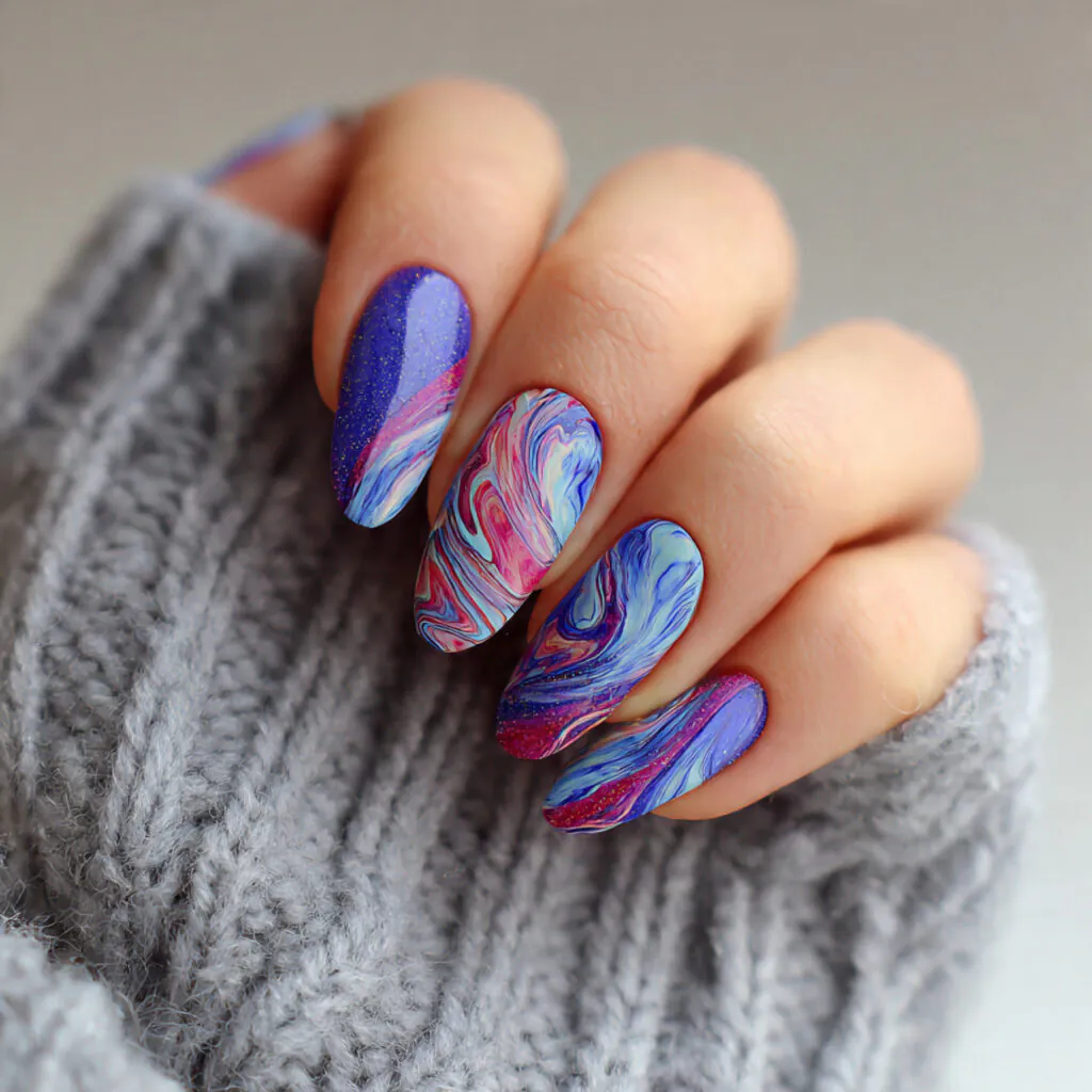 14 Summer Almond Nails That Are So Cute You’ll Want a New Set Every Week 12 abstract swirls nails