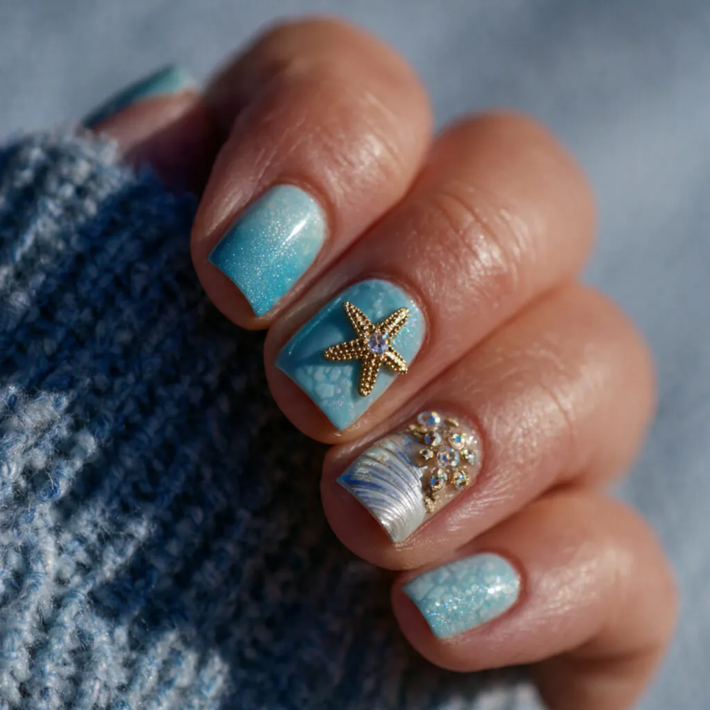 17 Starfish Summer Nails That Will Make Your Beach Vibes Unstoppable This Season 16 aqua nails tiny rhinestone starfish