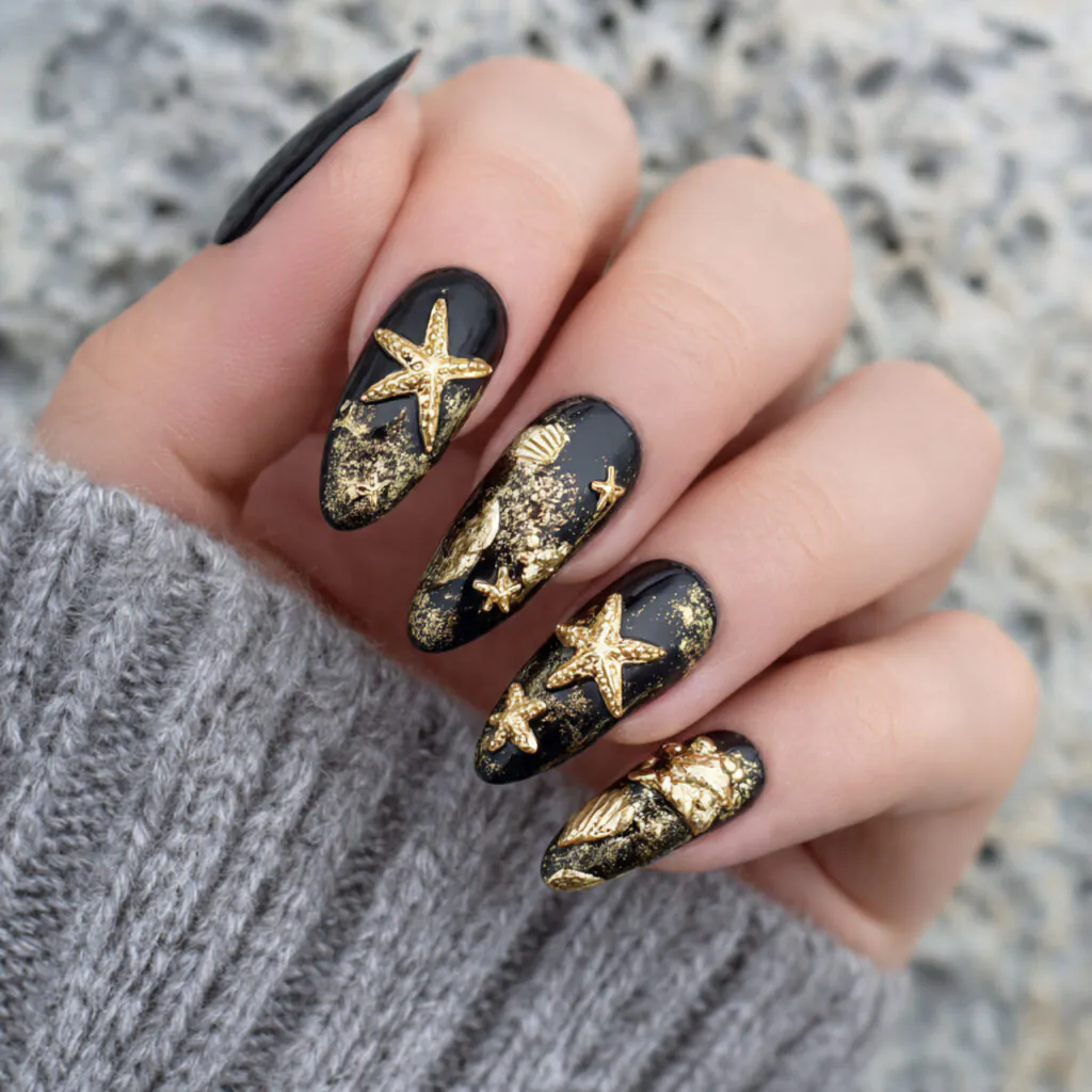 17 Starfish Summer Nails That Will Make Your Beach Vibes Unstoppable This Season 18 black base gold starfish nails